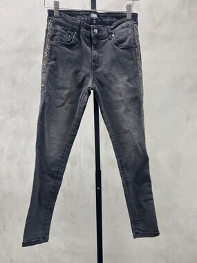 Karl Lagerfeld Charcoal Gray Skinny Jeans with Side Crystal Trim